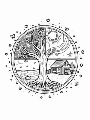Seasonal Wheel with Tree and Nature Elements
