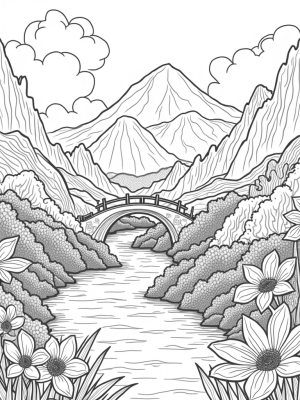 Tranquil Valley with Oversized Flowers and Bridges