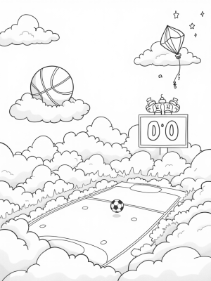 Floating Cloud Arena with Oversized Sports Equipment