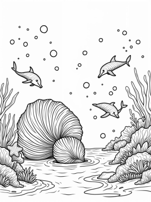 Underwater Serenity with Dolphins and a Giant Seashell