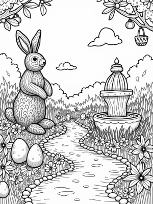 Garden of Colorful Eggs and a Rabbit Topiary