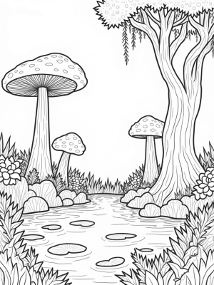 Giant Mushrooms and a Starry Pond in a Forest Clearing