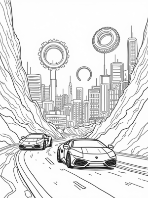 Futuristic Cityscape with Lamborghini Silhouettes