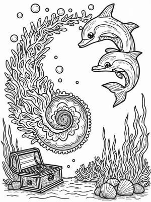 Underwater Coral Reef with Dolphins and Treasure