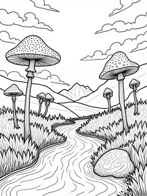Serene Valley with Giant Flowers and Mushrooms