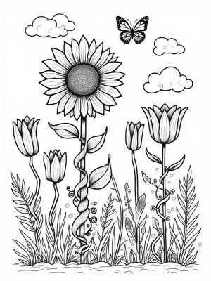 Giant Sunflower and Spiraled Tulips in a Whimsical Garden
