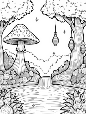 Enchanted Forest Clearing with Giant Mushroom and Sparkling Waterfall