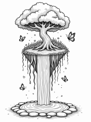 Floating Island with Giant Tree and Waterfall