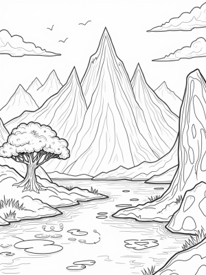 Majestic Crystal Mountain Range with Whimsical River and Musical Tree