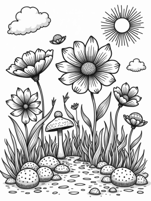 Whimsical Garden of Oversized Flowers and Floating Seed Pods