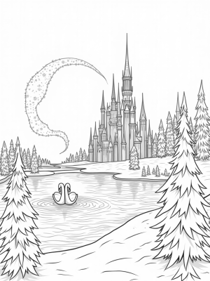 Frosty Ice Castle with Snowflakes and Swans