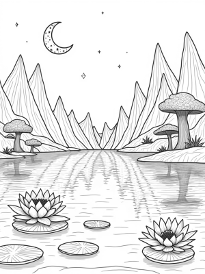 Tranquil Lake with Geometric Mountains and Whimsical Trees
