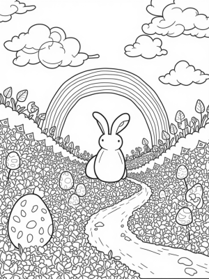 Giant Bunny in a Colorful Garden with Chocolate River