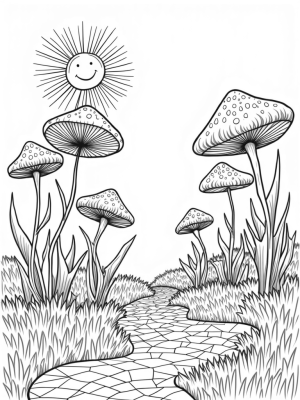 Oversized Flowers and Whimsical Mushrooms in a Garden