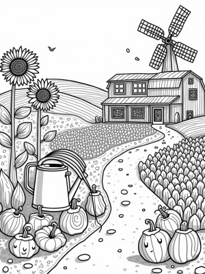 Patchwork Farm with Playful Vegetables and Sunflowers