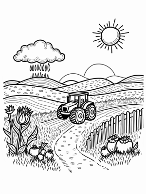 Colorful Patchwork Fields with a Whimsical Tractor
