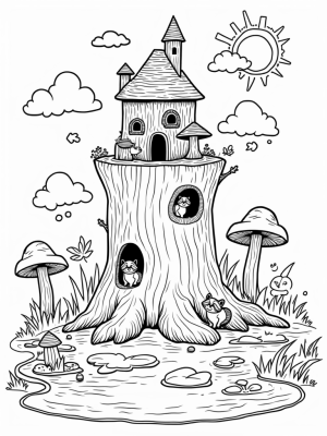 Animal Kingdom Tree Stump with Colorful Birdhouse