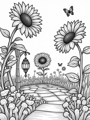Enormous Flowers and Butterflies in a Whimsical Garden