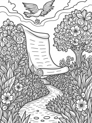 Serene Garden with Tree of Life and Ancient Scroll