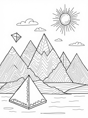 Triangular Mountain Landscape with Kites and Sun