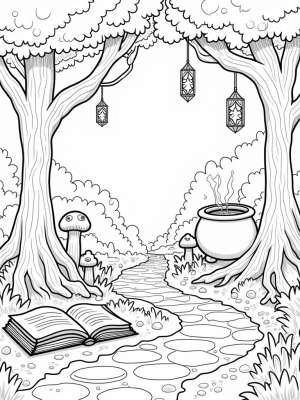 Enchanted Forest with Twisted Trees and a Spellbook