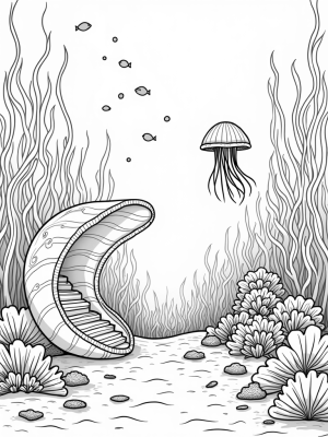 Underwater Garden with Giant Seashell and Jellyfish