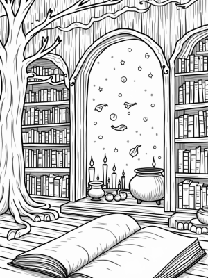 Enchanted Library with Tree Bookshelves and Floating Candles