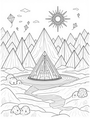 Geometric Landscape with Triangular Mountains and Kites