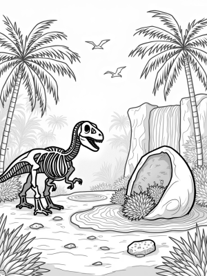 Dinosaur Skeleton in a Vibrant Prehistoric Jungle