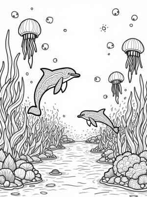 Underwater Garden with Dolphins and Jellyfish