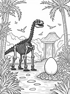 Dinosaur Skeleton in a Prehistoric Jungle