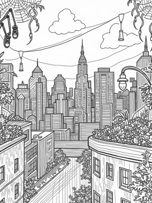 Twilight Urban Skyline with Spider Legs and Vintage Sneakers