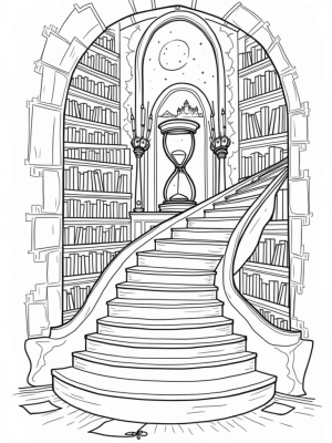 Enchanted Library Staircase with Floating Candles