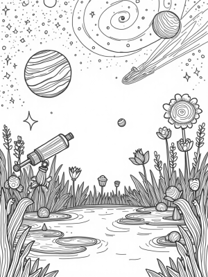 Celestial Garden with Blooming Planets and a Giant Telescope