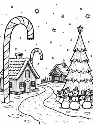 Whimsical Winter Village with Gingerbread House and Snowmen