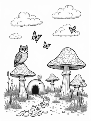 Owl on a Mushroom in a Magical Forest Clearing