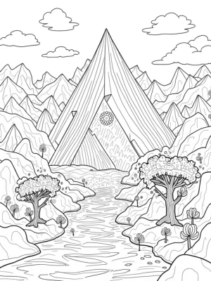 Geometric Triangle Landscape with Mountains and a Pyramid