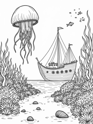 Underwater Garden with Jellyfish and Sunken Ship