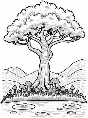 Majestic Tree Surrounded by Colorful Mushrooms and a Serene Pond