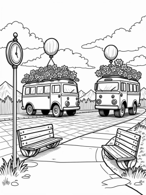 Floating Buses and Colorful Balloons in a Whimsical Cityscape