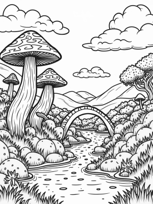 Magical Mushroom Landscape with Sparkling River