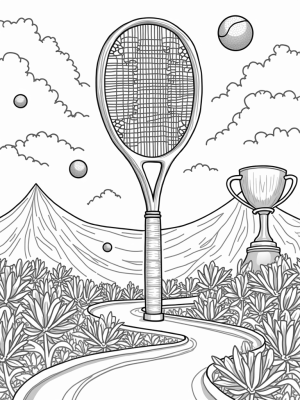 Colossal Tennis Racket with Floating Balls and a Trophy