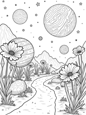 Cosmic Garden of Colorful Planets and Stardust Path