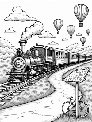 Vintage Steam Engine Garden with Hot Air Balloons