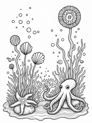 Underwater Garden with Smiling Octopus and Colorful Fish