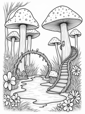 Enchanting Forest Clearing with Giant Mushrooms and a Sparkling Pond