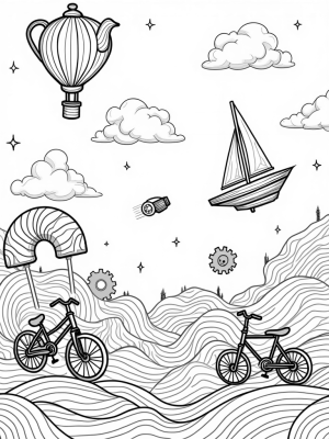 Floating Vehicles in a Whimsical Sky Landscape