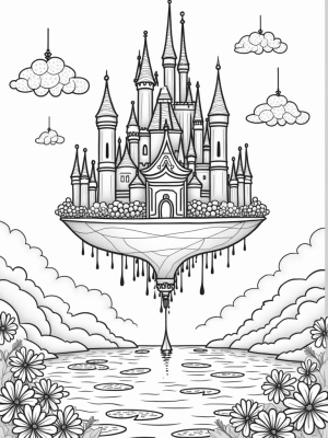 Floating Castle with Iridescent Towers and Shimmering Lake