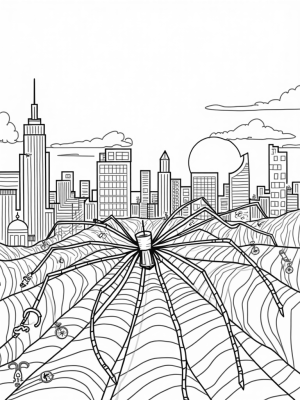 Urban Skyline with Spider Web and Moon