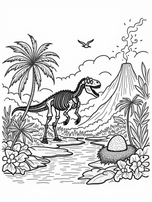 Colossal Dinosaur Skeleton in a Vibrant Prehistoric Jungle